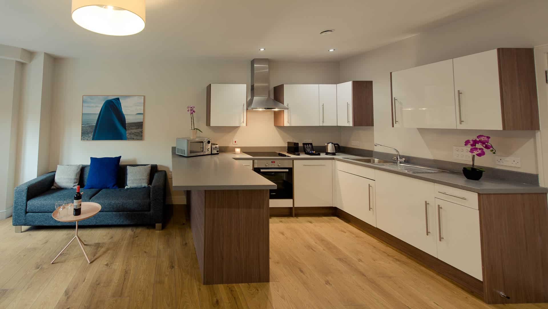 Kitchen and living area of a one bed apartment PREMIER SUITES PLUS Glasgow Bath Street