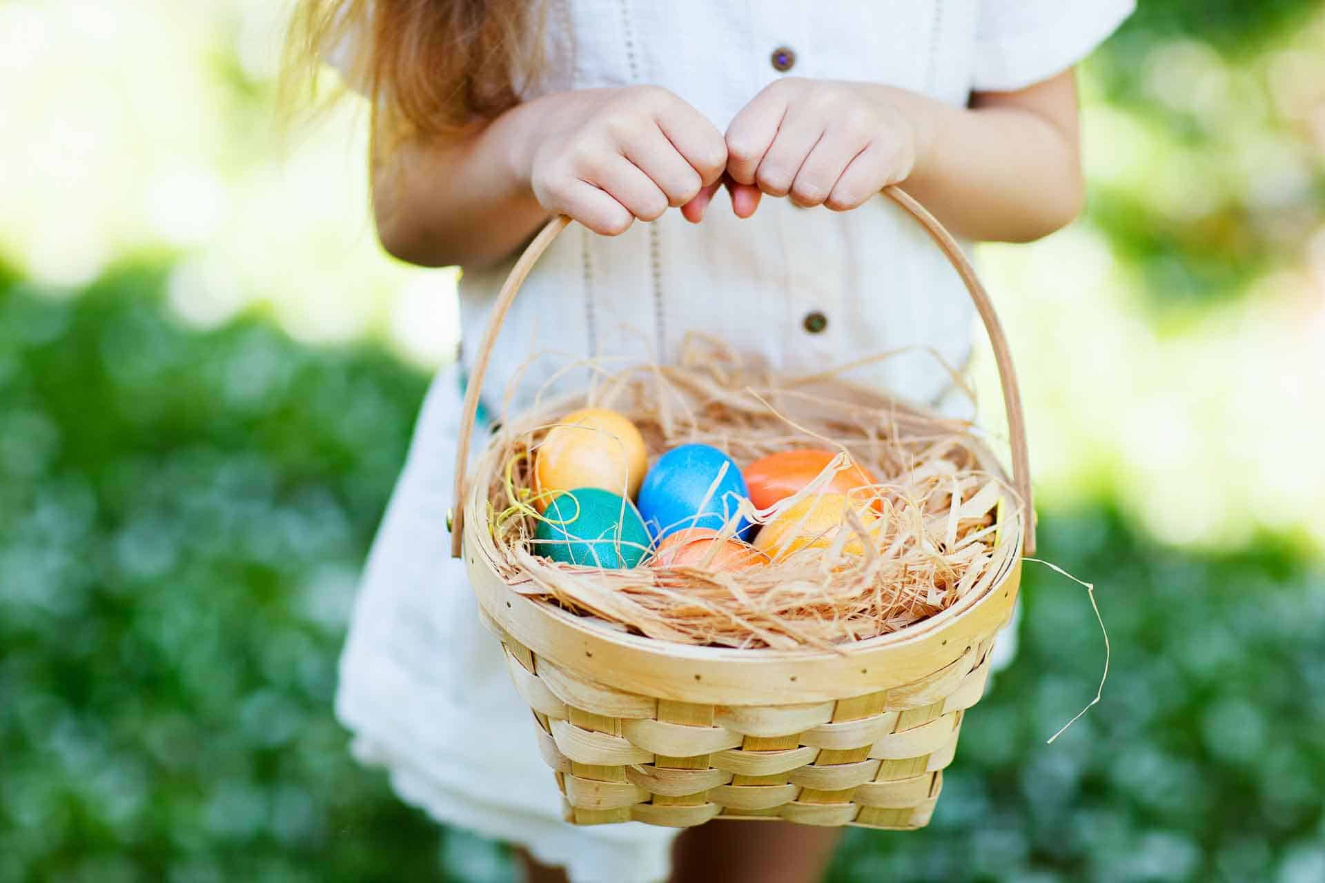 Gros plan sur des œufs de Pâques colorés dans un panier.