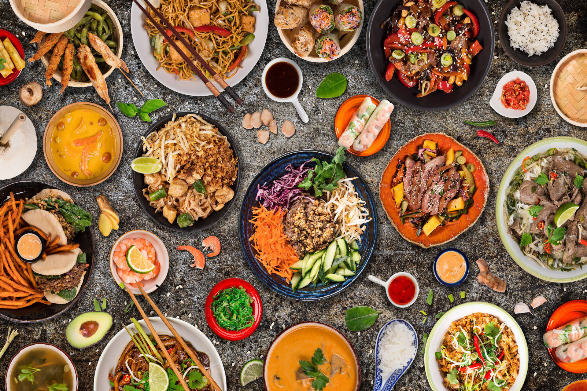 Asian,Food,Background,With,Various,Ingredients,On,Rustic,Stone,Background